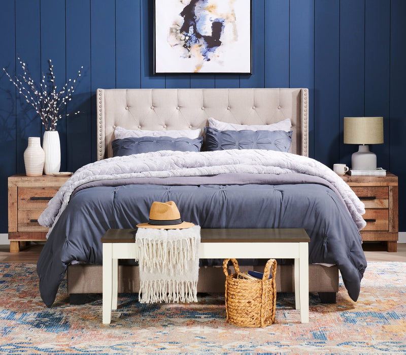 Brady Upholstered Wingback Bed in Light Grey Fabric with Nailhead Design, Button Tufted - Full Size
