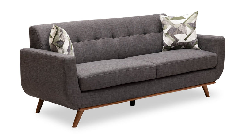 Kort & Co. Freeman 80” Charcoal Grey Linen-Look Fabric Condo Size Sofa with Wood Base and Legs