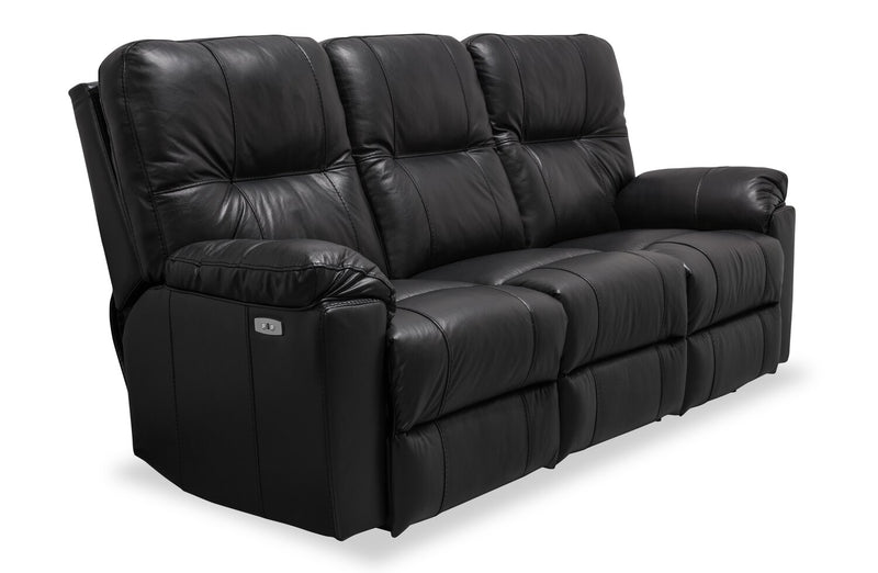 Canadian Made Dawson 87\" Genuine Leather Power Reclining Sofa with USB Port and Accent Pillows - Black
