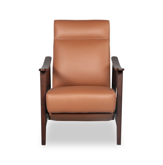 Aydin 27.5\" Camel Orange Genuine Leather Pushback Reclining Accent Chair with Wood Armrests and Legs