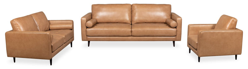Edge 86\" Genuine Leather Sofa with Wood Legs and Removable Back Cushions - Brown