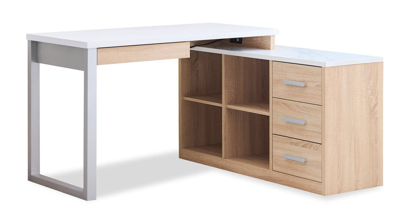 Owen 55\" Reversible Corner Office Desk with 4-Drawers & Cubbies – Faux White Marble and Weathered White