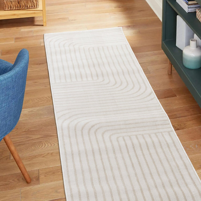 Fresh Washable White and Beige Rug with Modern Lines - 2'0\" x 6'7\" 