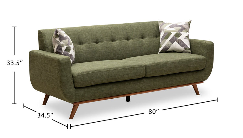 Kort & Co. Freeman 80” Avocado Green Linen-Look Fabric Condo Size Sofa with Wood Base and Legs