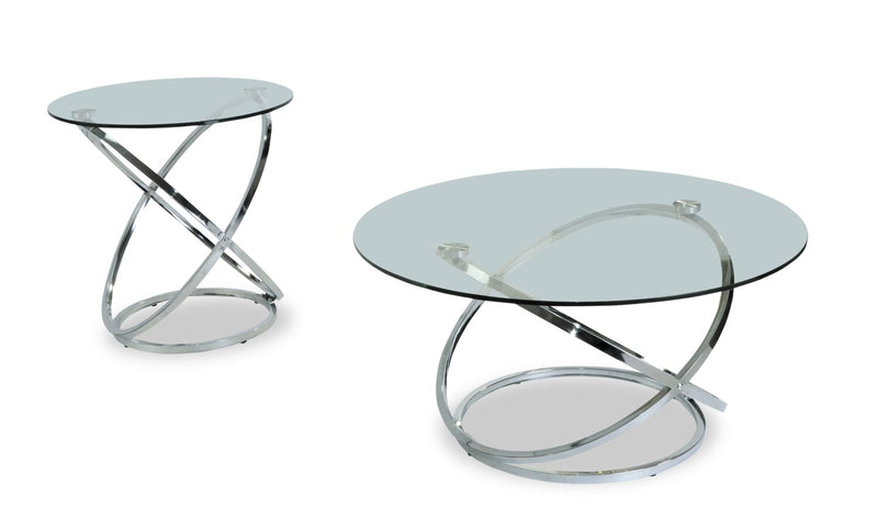 Hendrix 60\" Modern 2-Pack Glass Top Coffee + End Table - Chrome with Metal Base