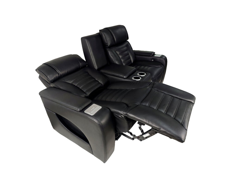 Zen 75.5\" Black Faux Leather Power Reclining Massage Loveseat with Refrigerator Console