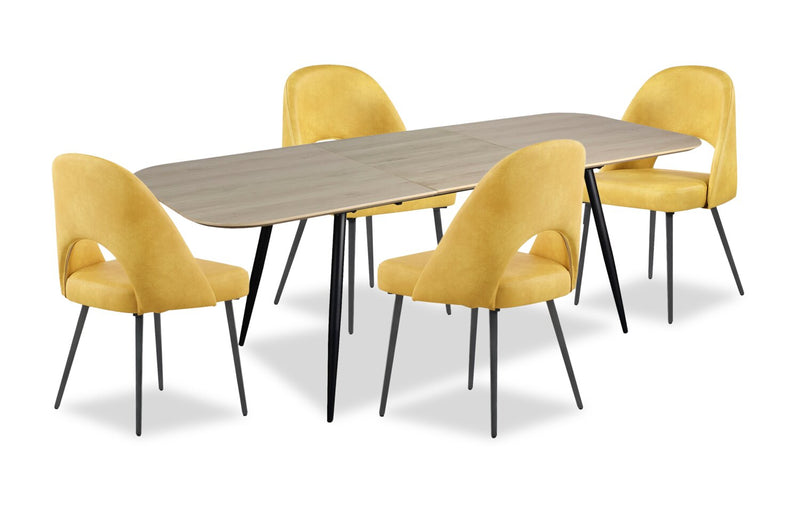 Joss 5pc Dining Set with Table & 4 Bay Chairs, 63-86.5\"W Butterfly Extension, Metal – Mustard