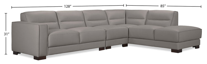Citadel 3-Piece Right-Facing Top-Grain Genuine Leather Sectional with Wood Legs - Grey 