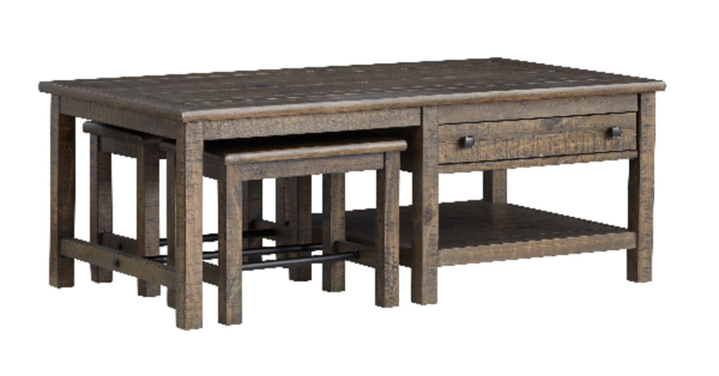 Edwin 52” Country Pine Coffee Table with Storage and Stools - Homestead Brown