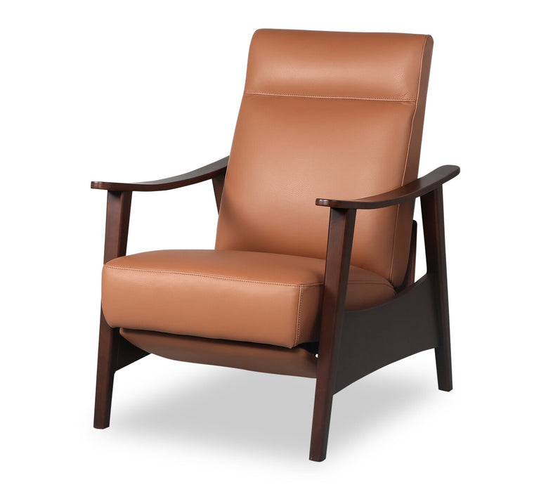Aydin 27.5\" Camel Orange Genuine Leather Pushback Reclining Accent Chair with Wood Armrests and Legs