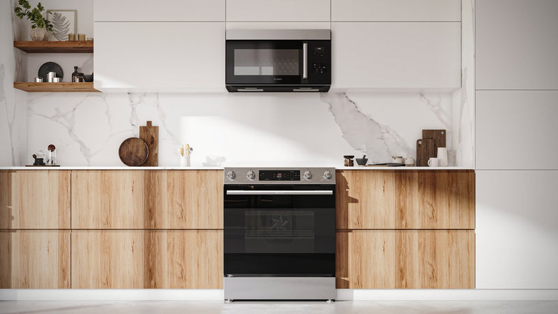 Bosch 30\" 5.8 Cu. Ft. 100 Series Electric Range with Rapid Preheat and Air Fry - Stainless Steel - HEF1050MC