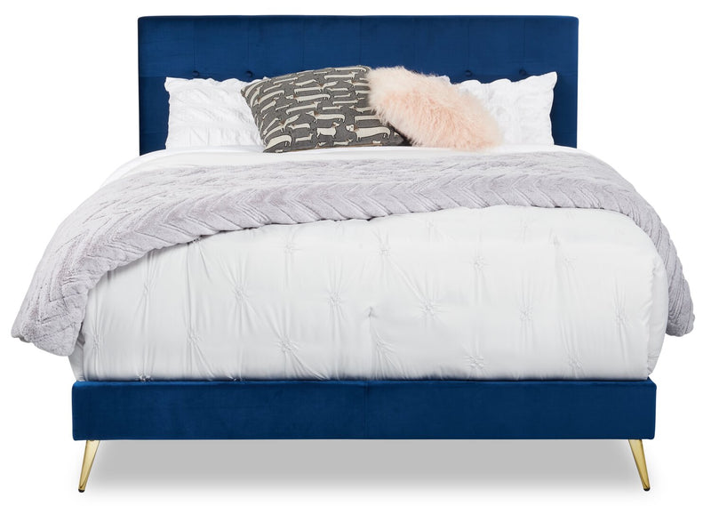 Gabi Upholstered Bed in Blue Velvet Fabric with Gold Finish Legs, Button Tufted - King Size 
