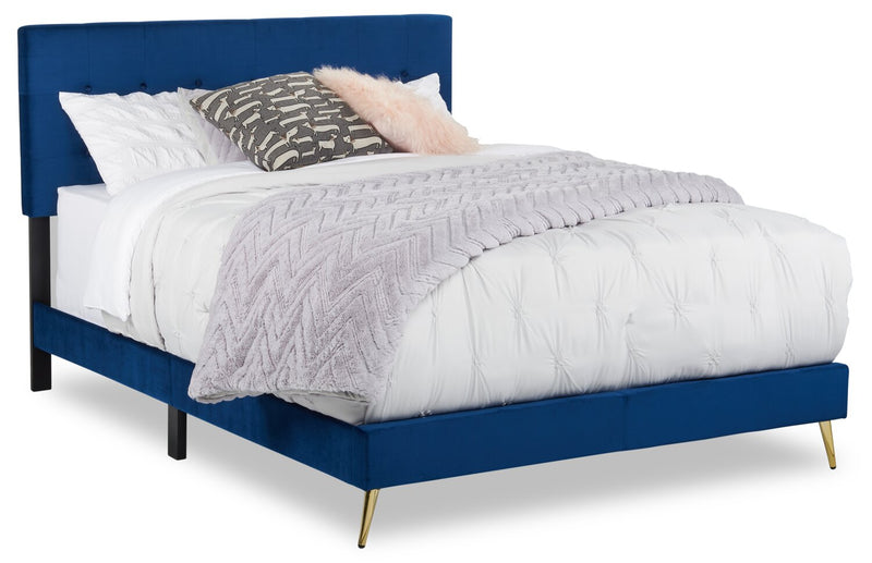 Gabi Upholstered Bed in Blue Velvet Fabric with Gold Finish Legs, Button Tufted - King Size 