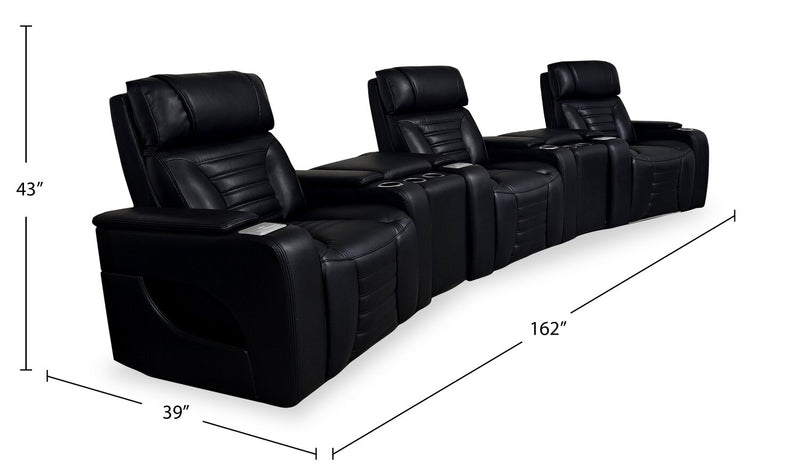 Zen 5-Piece Black Faux Leather Power Reclining Massage Home Theatre Sectional with Refrigerator Console