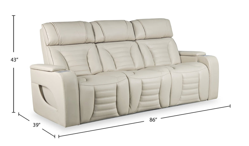 Zen 86\" Apricot Faux Leather Power Reclining Massage Sofa with Power Headrests and Drop-Down Console