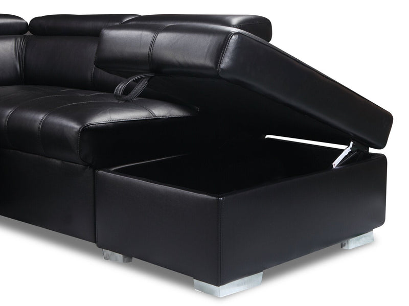 Drake 3-Piece Right-Facing Leather-Look Fabric Sleeper Sectional with Storage Ottoman - Black 