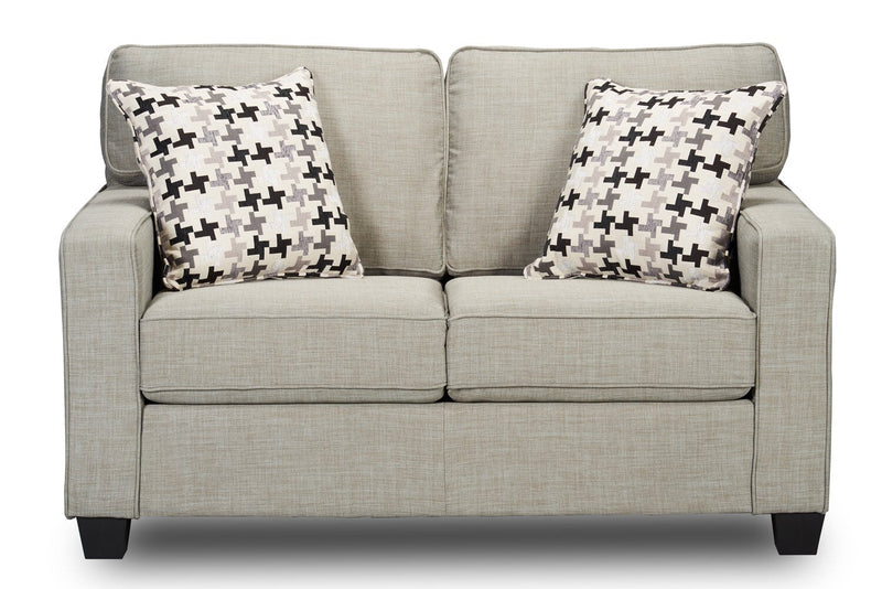Made in Canada Sawyer 57\" Linen-Look Fabric Loveseat with Reversible Cushions and Accent Pillows - Light Grey 