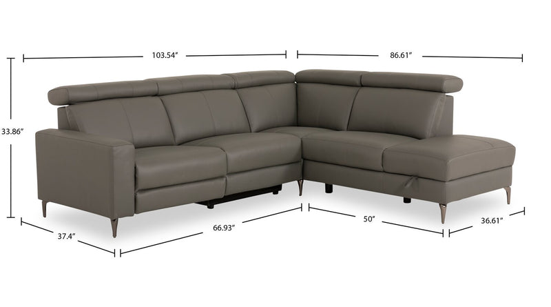 Valentino 3-Piece Right-Facing Grey Genuine Leather Power Reclining Sectional with Adjustable Headrests 