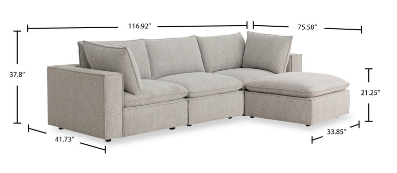 Fusion Modular 4-Piece Silver Grey Chenille Fabric Sectional with Feather Down Cushions and Ottoman