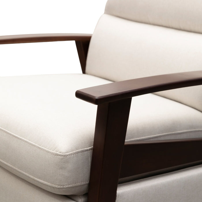 Bree 28.5\" Beige Linen-Look Fabric Pushback Reclining Accent Chair with Wood Armrests and Legs