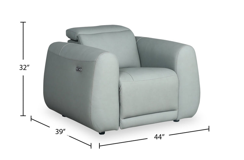 Gianna 40\" Spa Blue Genuine Leather Power Reclining Chair with Power Headrest and USB Port
