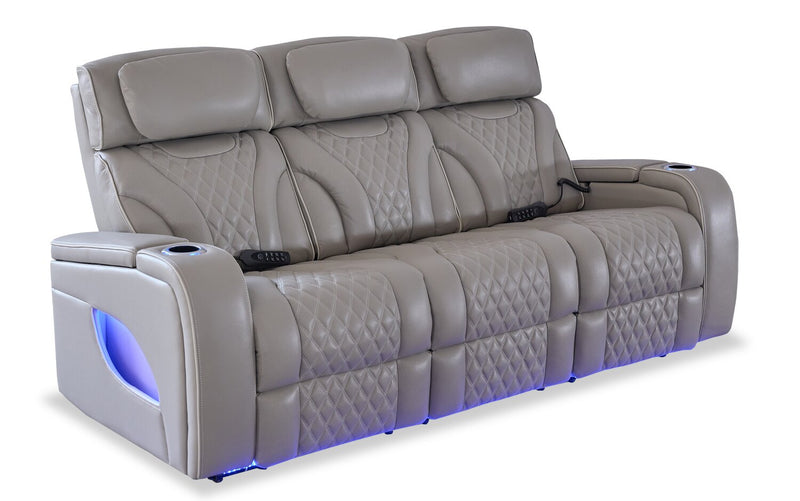 Elite 86\" Genuine Leather Massage Power Reclining Sofa with Power Headrests and Storage Arms - Putty 