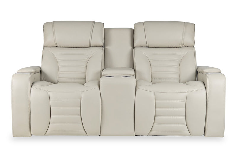 Zen 75.5\" Apricot Faux Leather Power Reclining Massage Loveseat with Refrigerator Console