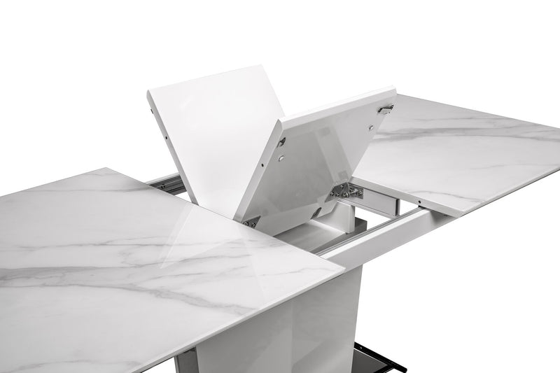Naya Dining Table, 63-78.75\"W Self-Storing Butterfly Leaf, Metal, Glass, Faux Marble – White