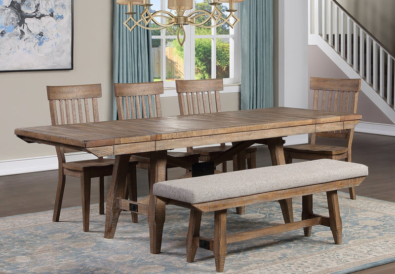 Cedar 6pc Dining Set with Table, Bench & 4 Chairs, Pine Wood, Trestle-Base, 72.07\"W - Brown 