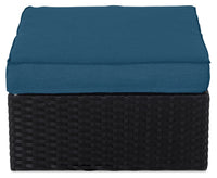 Barbados Outdoor Patio Ottoman - Hand-Woven Resin Wicker, UV & Weather Resistant - Black/Blue