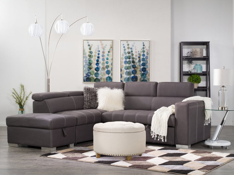 Drake 3-Piece Left-Facing Faux Suede Fabric Sleeper Sectional with Storage Ottoman - Cement Grey 