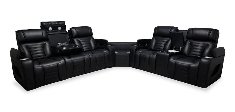 Zen 3-Piece Black Faux Leather Power Reclining Massage Sectional with Refrigerator and Drop-Down Console