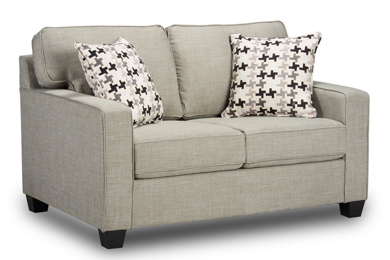 Made in Canada Sawyer 57\" Linen-Look Fabric Loveseat with Reversible Cushions and Accent Pillows - Light Grey 