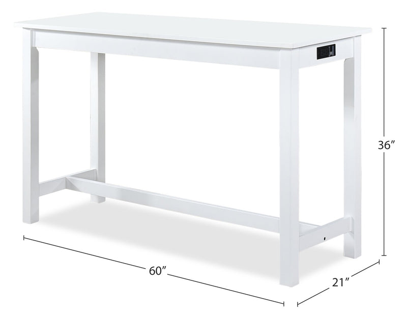 Noah 60” Modern Sofa Table with 3 Counter-Height Stools and USB Ports - White