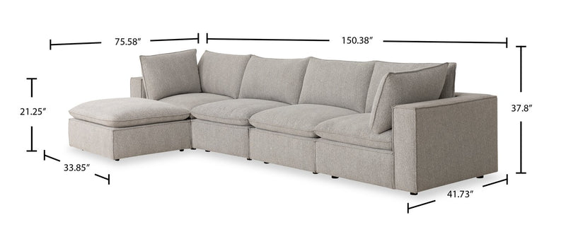 Fusion Modular 5-Piece Silver Grey Chenille Fabric Sectional with Feather Down Cushions and Ottoman