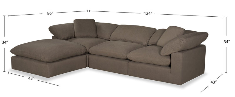 Eclipse Modular 4-Piece Linen-Look Fabric Sectional with Ottoman and Reversible Feather Down Cushions - Slate Grey 