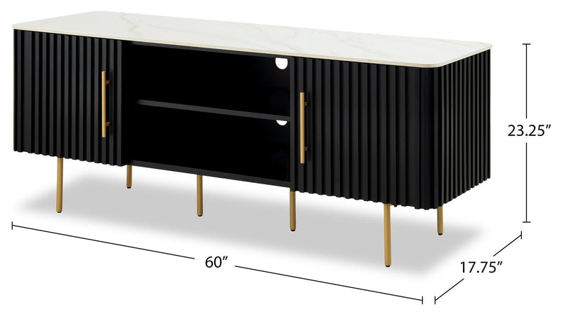 Capri 60” Modern TV Stand with White Sintered Stone Top, Storage and Cable Management for TVs