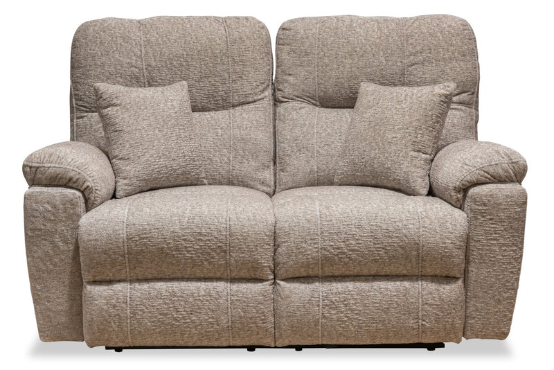 Canadian Made Dawson 64\" Fabric Power Reclining Loveseat with USB Port and Two Accent Pillows - Beige