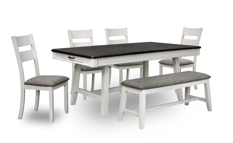 Echo 6pc Dining Table Set with Table, Bench & 4 Chairs, Storage Drawers, Trestle Base, 70\"W - White/Grey 