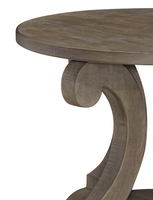 Tinley Park 22\" Traditional Round End Table with Shelf - Grey-Brown Pine with Scroll Design Base