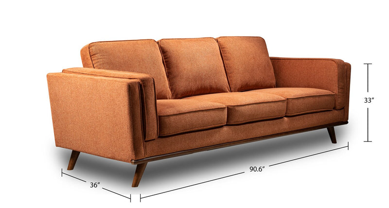 Kort & Co. Kassia 90.6\" Linen-Look Fabric Sofa with Wood Base and Legs - Orange 