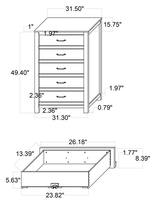 Zoey Bedroom Chest of Drawers, 5-Drawer, 31.5\"W x 50.7\"H - Two-tone White & Brown 