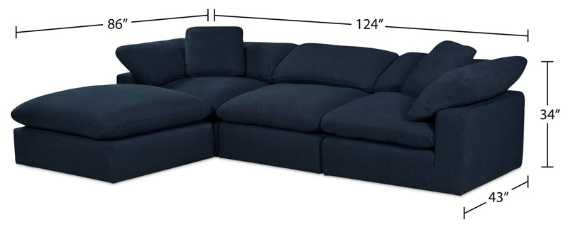 Eclipse Modular 4-Piece Linen-Look Fabric Sectional with Ottoman and Reversible Feather Down Cushions - Navy Blue 