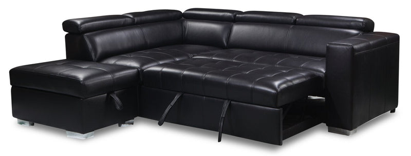 Drake 3-Piece Left-Facing Leather-Look Fabric Sleeper Sectional with Storage Ottoman - Black 