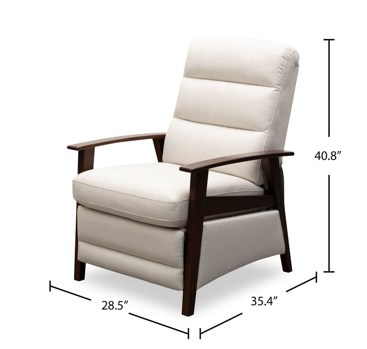 Bree 28.5\" Beige Linen-Look Fabric Pushback Reclining Accent Chair with Wood Armrests and Legs