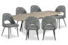 Joss 7pc Dining Set with Table & 6 Bay Chairs, 63-86.5\"W Butterfly Extension, Metal – Grey