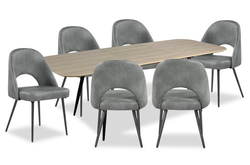 Joss 7pc Dining Set with Table & 6 Bay Chairs, 63-86.5\"W Butterfly Extension, Metal – Grey