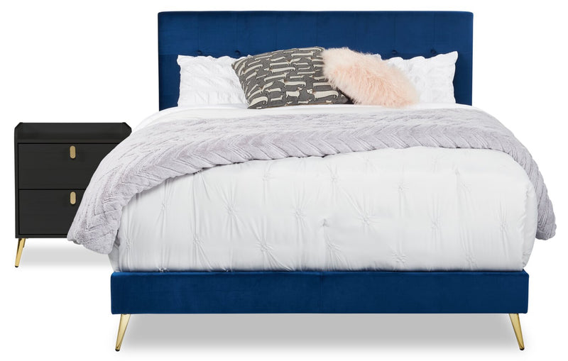 Gabi Upholstered Bed in Blue Velvet Fabric with Gold Finish Legs, Button Tufted - King Size 