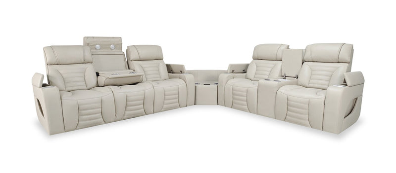 Zen 3-Piece Apricot Faux Leather Power Reclining Massage Sectional with Refrigerator and Drop-Down Console