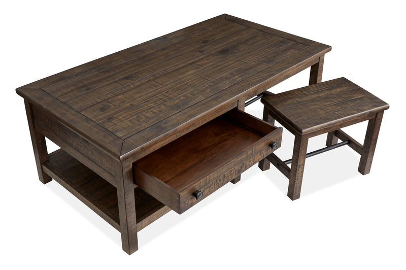 Edwin 52” Country Pine Coffee Table with Storage and Stools - Homestead Brown